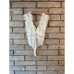 Skylar Rose Ivory Lace Ruffle Bodysuit With Plunging V-Neck & Sheer Detailing Si